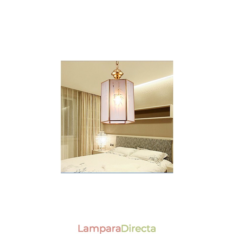 Lámpara colgante pequeña estilo country americano, de cobre y vidrio simple.