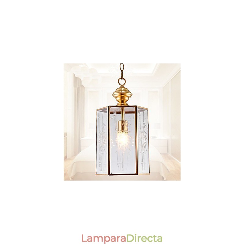 Lámpara colgante pequeña estilo country americano, de cobre y vidrio simple.
