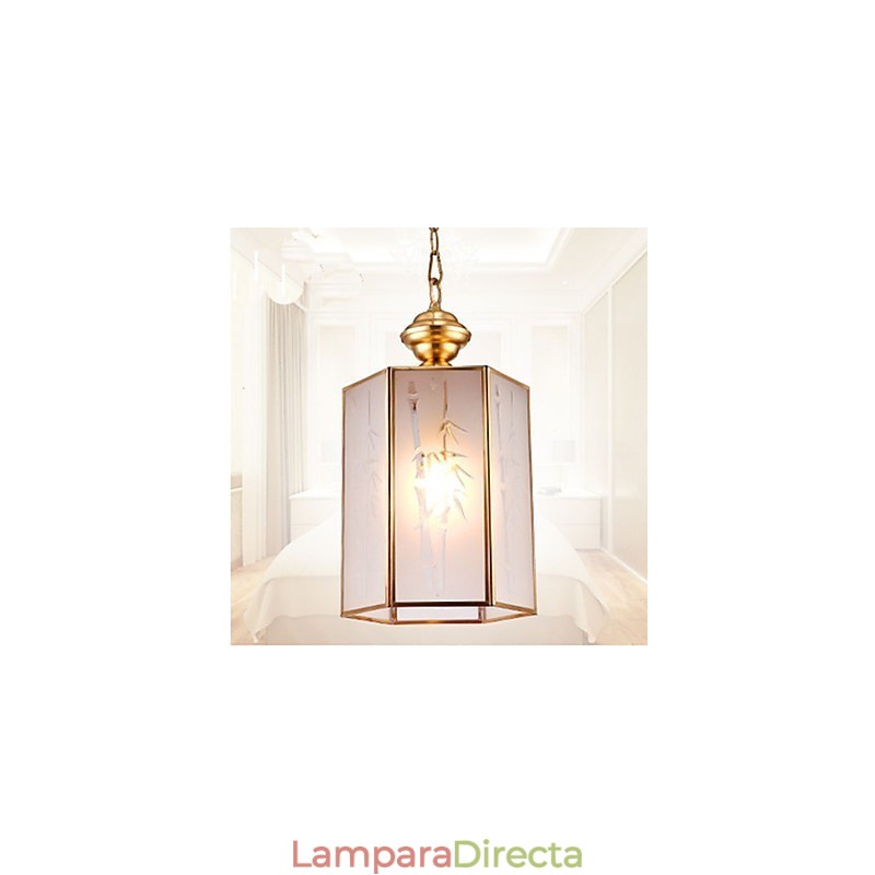 Lámpara colgante pequeña estilo country americano, de cobre y vidrio simple.