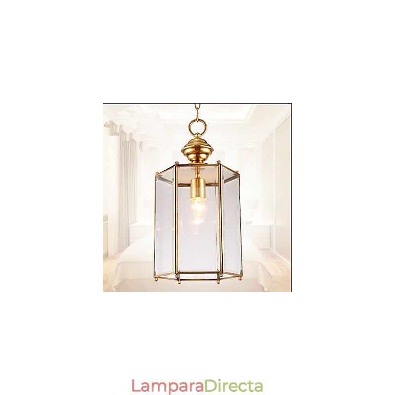 Lámpara colgante pequeña estilo country americano, de cobre y vidrio simple.