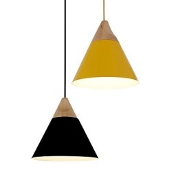 Lámpara colgante mini de cono artístico, 1 luz, acabado moderno y sencillo, aluminio y madera en negro, blanco y amarillo.