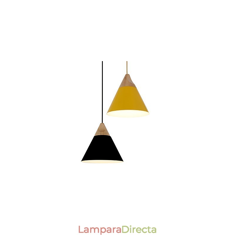 Lámpara colgante mini de cono artístico, 1 luz, acabado moderno y sencillo, aluminio y madera en negro, blanco y amarillo.
