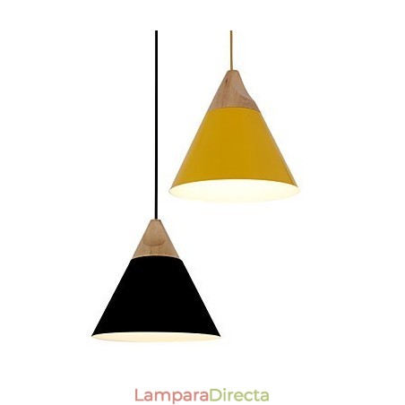 Lámpara colgante mini de cono artístico, 1 luz, acabado moderno y sencillo, aluminio y madera en negro, blanco y amarillo. Lámpara colgante mini de cono artístico, 1 luz, acabado moderno y sencillo, aluminio y madera en negro, blanco y amarillo.
