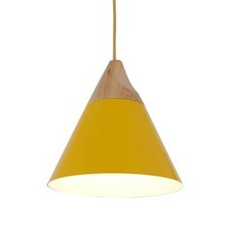 Lámpara colgante mini de cono artístico, 1 luz, acabado moderno y sencillo, aluminio y madera en negro, blanco y amarillo.