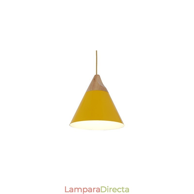 Lámpara colgante mini de cono artístico, 1 luz, acabado moderno y sencillo, aluminio y madera en negro, blanco y amarillo.