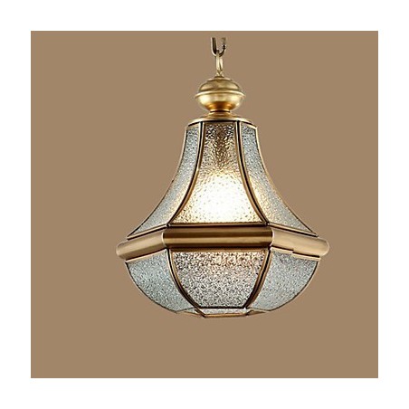 Lámpara colgante pequeña estilo country americano, de cobre y vidrio simple.