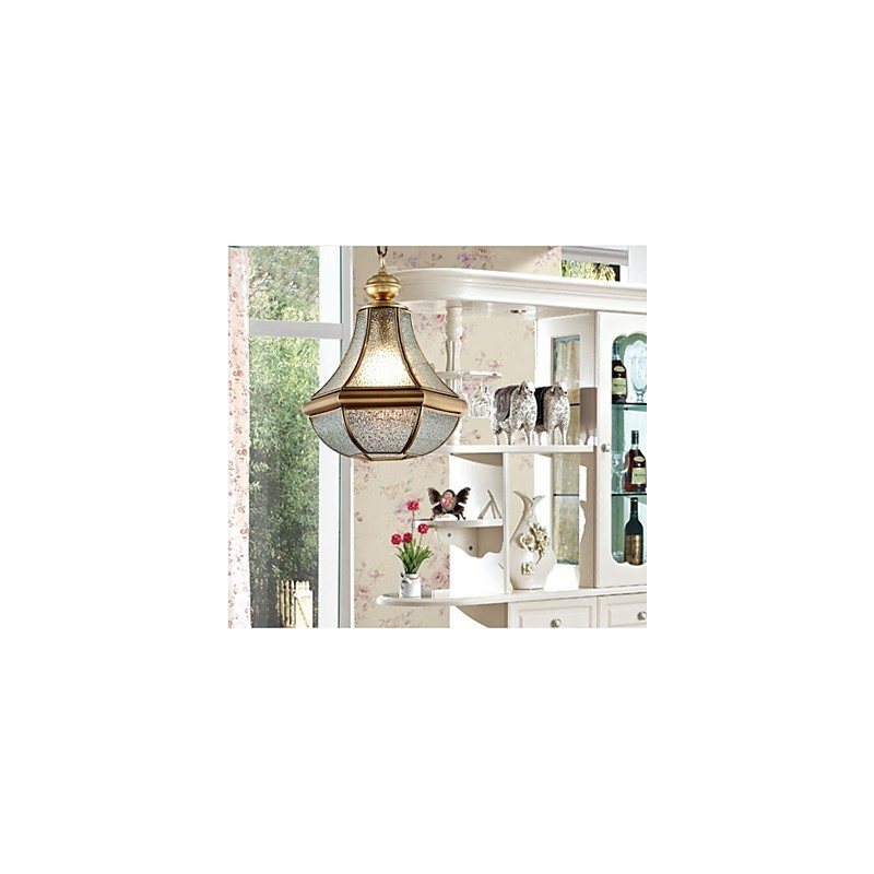 Lámpara colgante pequeña estilo country americano, de cobre y vidrio simple.