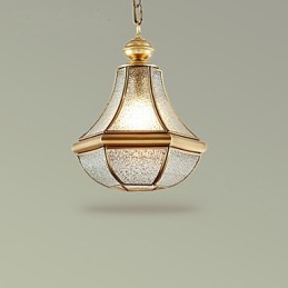 Lámpara colgante pequeña estilo country americano, de cobre y vidrio simple.