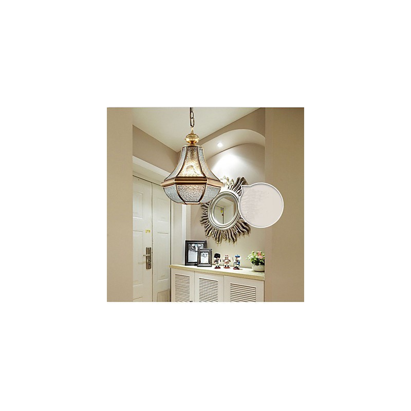 Lámpara colgante pequeña estilo country americano, de cobre y vidrio simple.