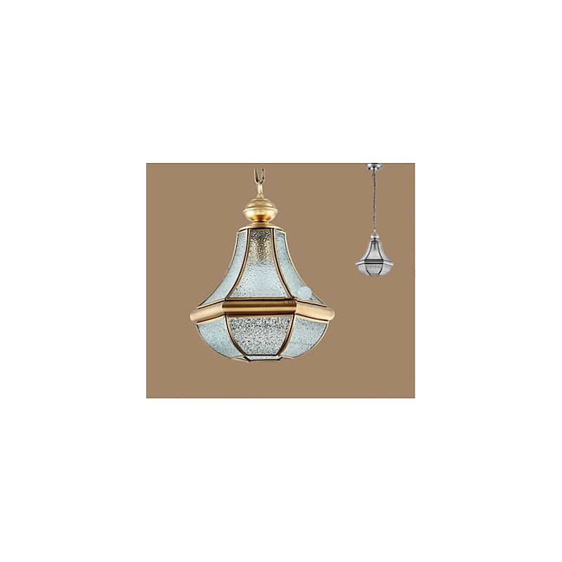 Lámpara colgante pequeña estilo country americano, de cobre y vidrio simple.